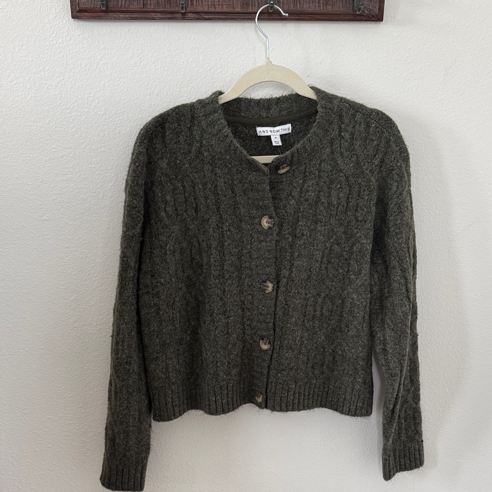AND NOW THIS Olive Cable Knit Button-Up Cardigan